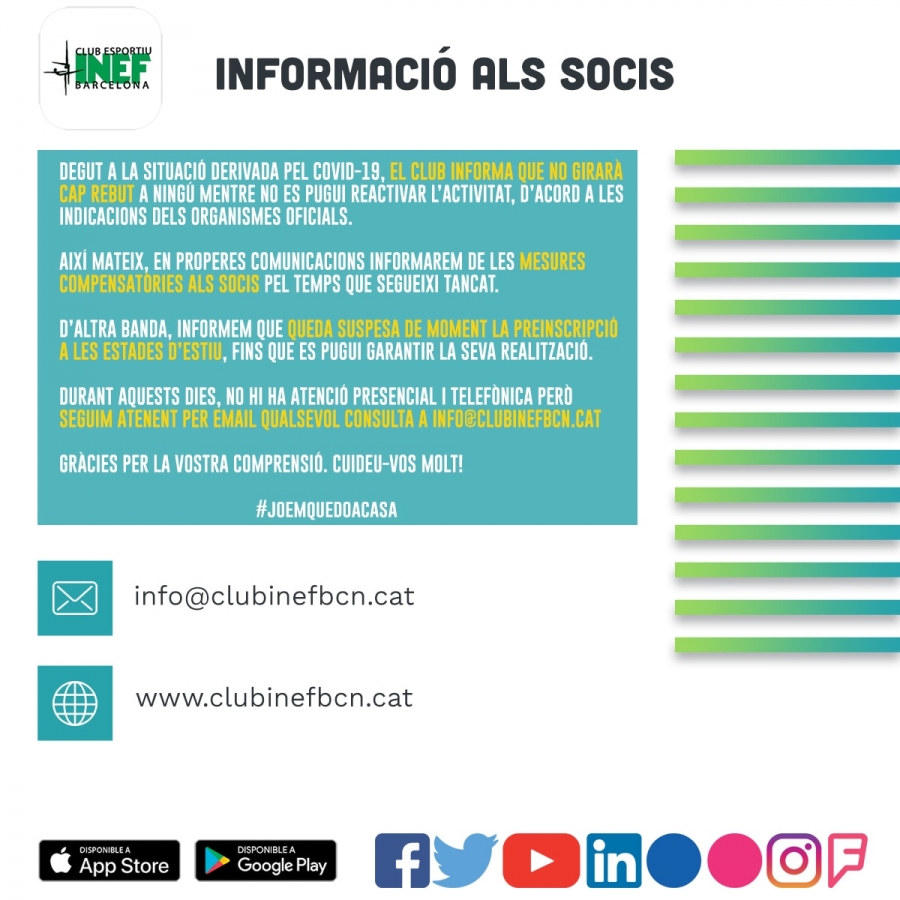 COMUNICAT | Informació dirigida als Socis del Club Esportiu INEF Barcelona